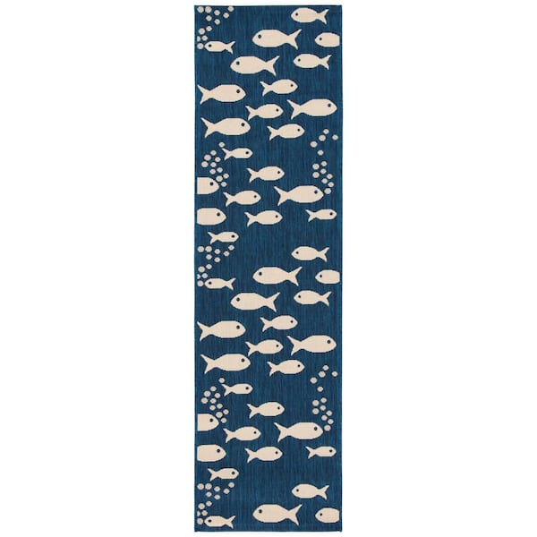 Courtyard Navy/Beige 2 ft. x 7 ft. Novelty Fish Indoor/Outdoor Patio  Runner Rug