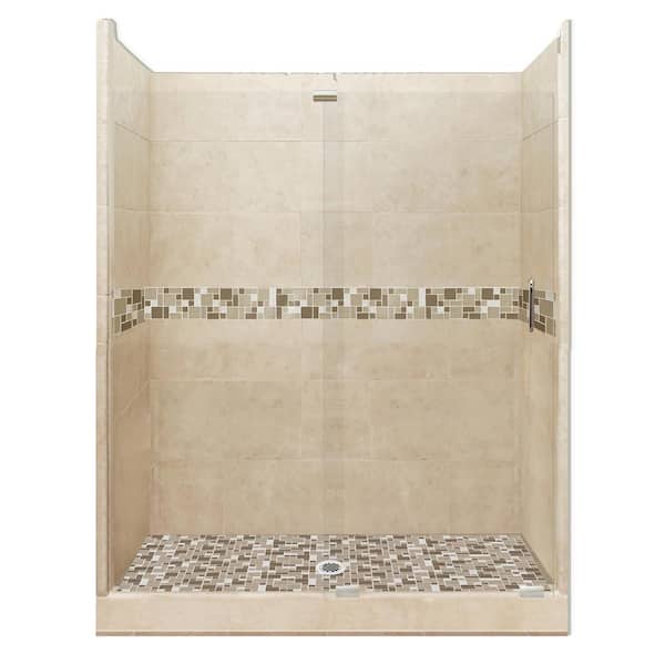American Bath Factory Tuscany Grand Slider 32 in. x 60 in. x 80 in. Center Drain Alcove Shower Kit in Brown Sugar and Satin Nickel Hardware