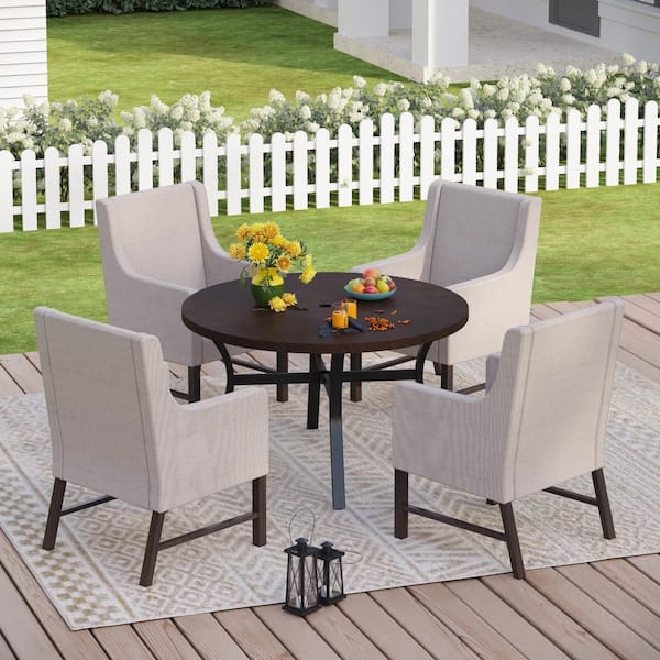 PHI VILLA 5-piece Metal Patio Outdoor Dining Set with Black Round Table and Beige Padded Textilene Armrest Chair