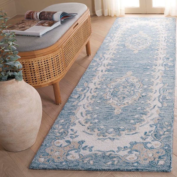 Ebony 2 ft. x 9 ft. Dark Blue/Ivory Ornate Floral Runner Rug