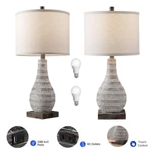 24 in. Distressed Wood Table Lamp Set of 2 with Outlets and USB Ports and Touch Switch