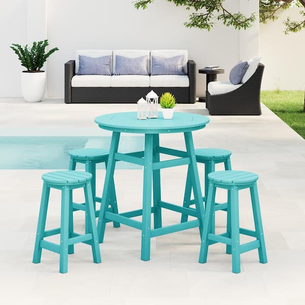 Laguna 5-Piece Counter Height HDPE Plastic Outdoor Patio Round High Top Bistro Dining Set in Turquoise
