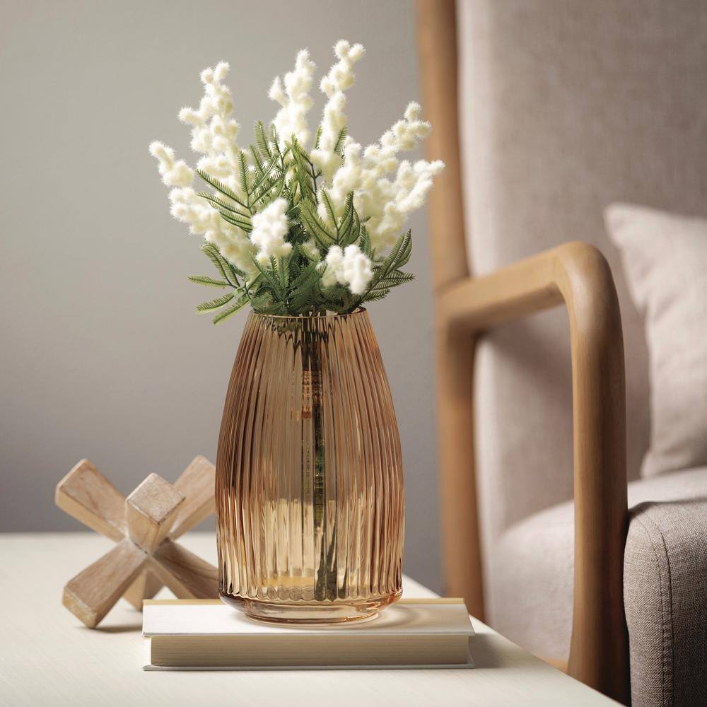 Amber Ribbed Glass Decorative Vase, 10.5"