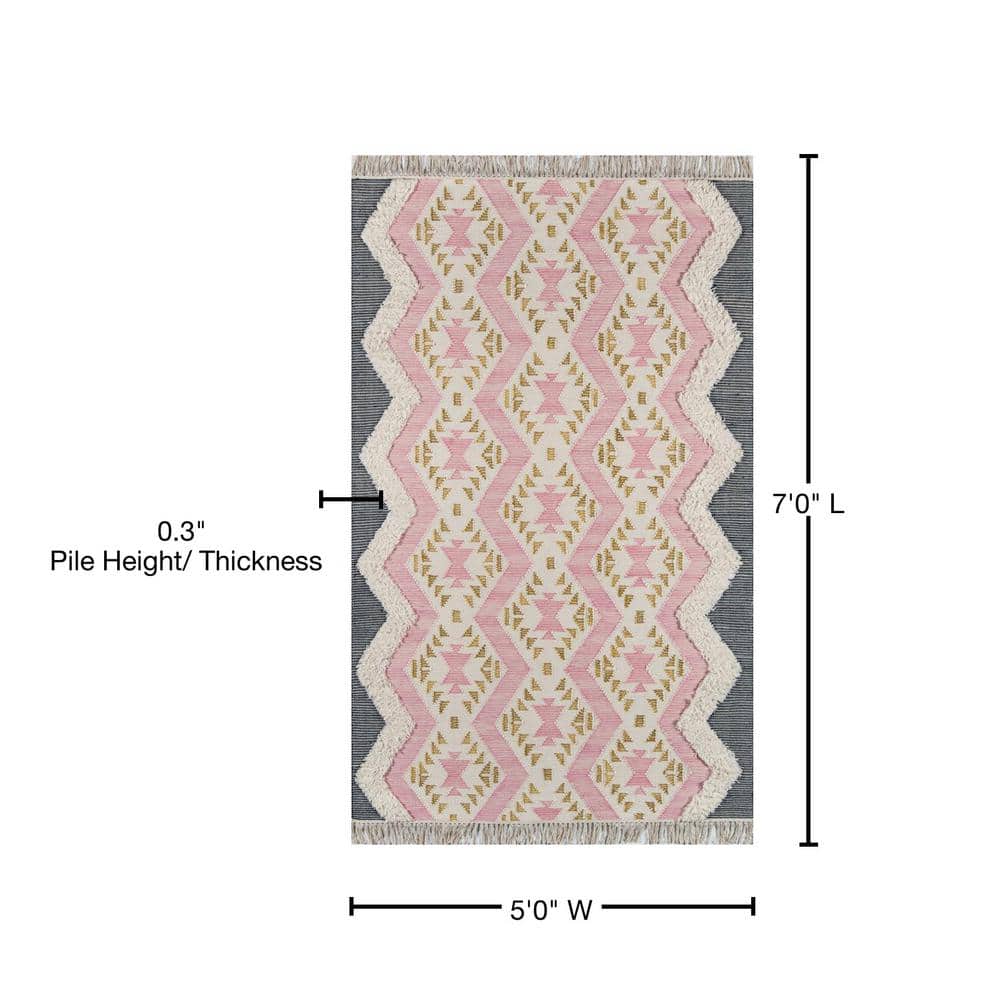 Handmade Pink Wool Geometric Tufted Rug 5' x 7'