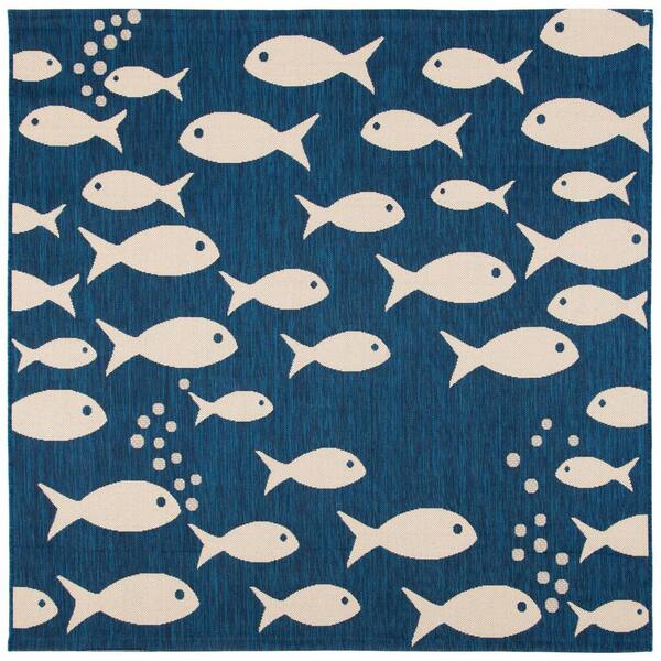 SAFAVIEH Courtyard Navy/Beige 4 ft. x 4 ft. Novelty Fish Indoor/Outdoor Patio  Square Area Rug