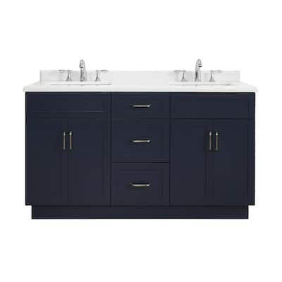 Lincoln 60 in. W x 22 in. D Vanity in Midnight Blue with Marble Vanity Top in White with White Sink