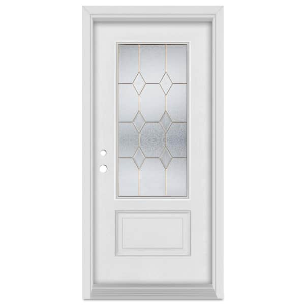 Stanley Doors 32 in. x 80 in. Geometric Right-Hand Brass Finished Fiberglass Mahogany Woodgrain Prehung Front Door