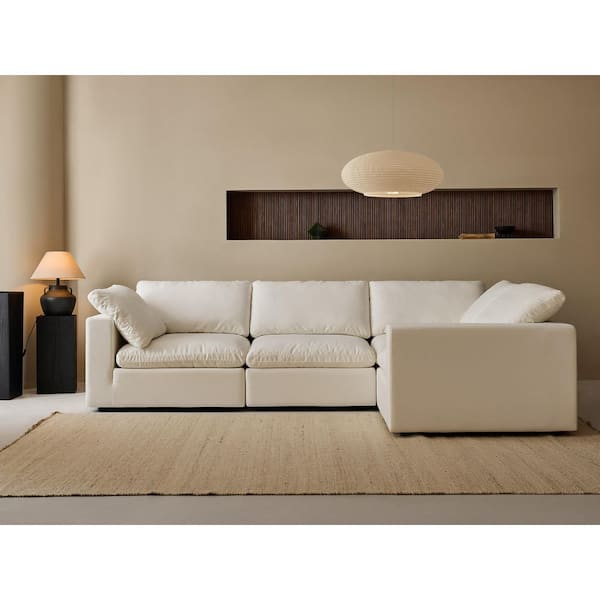 Modern 122 in. Wide Square Arm Linen Fabric L-Shaped Sectional Sofa Combination Sofa 4 Seats in. Pearl White