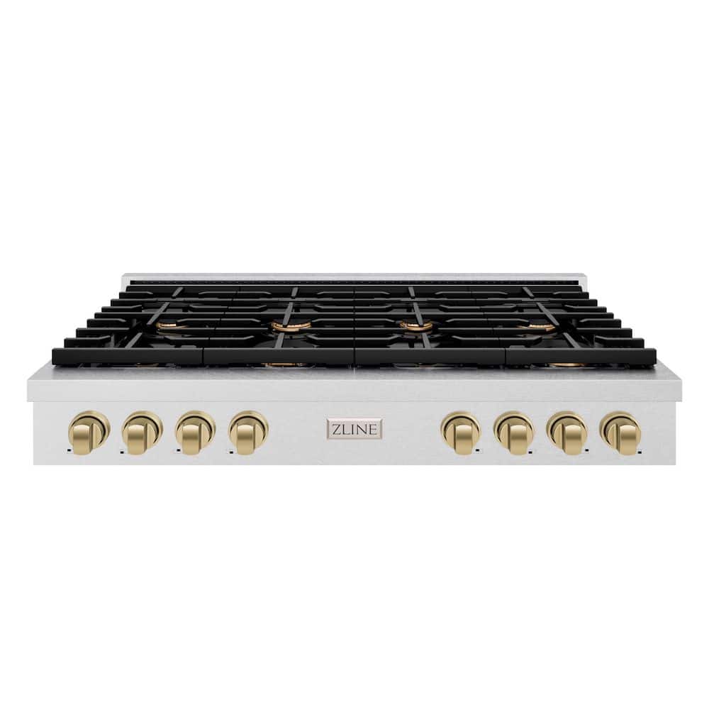 48 in. Autograph Edition Paramount Gas Rangetop with 8 Burners in Satin Steel with Champagne Bronze Accents
