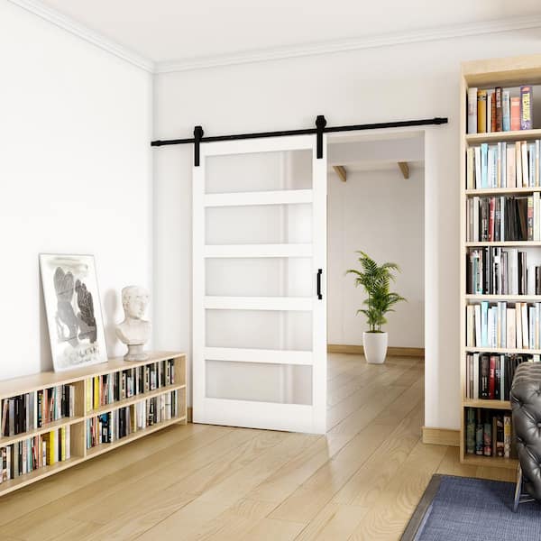 42 in. x 84 in. 5 Lite White Tempered Frosted Glass Off-White Finished MDF Barn Door Slab with Hardware
