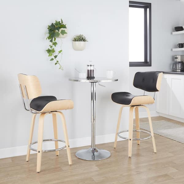 Lumisource Lombardi 26.75 in. Black Faux Leather, Natural Wood and Chrome Fixed-Height Counter Stool with Round Footrest (Set of 2)