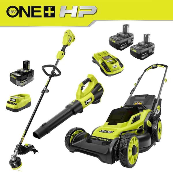 ONE+ HP 18V Brushless 16" Cordless Push Lawn Mower, w/ 15" String Trimmer, 510 CFM Blower, (3) Batteries & (2) Chargers