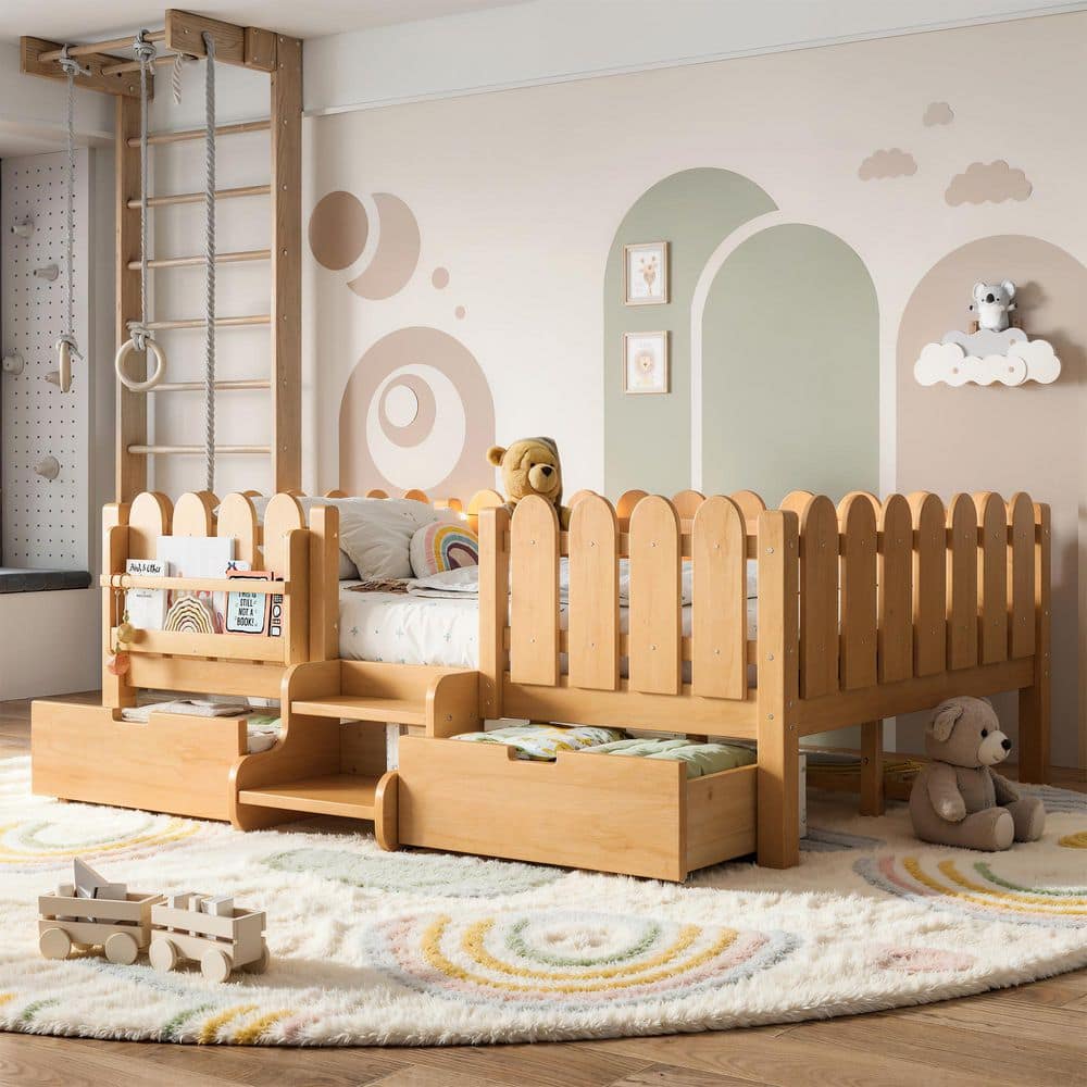 Natural Full Wood Frame Platform Bed with LED Lights, Safety Guardrails, Bookshelf, Stairs and 2 Storage Drawers