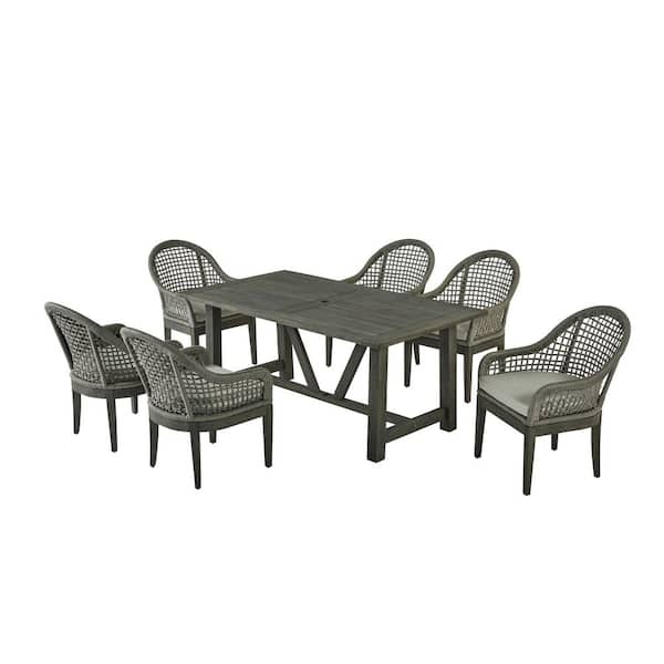 Best Quality Furniture Richard Grey 7-Piece Acacia Wood Rectangle Standard Height Outdoor Dining Set with 6 Grey Cushion Wicker Chairs