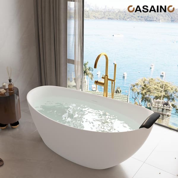 67 in. x 34 in. Solid Surface Stone Free Standing Tub Soaking Bathtub in Matte White with Black Bathtub Pillow