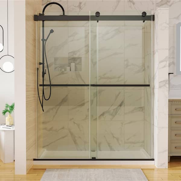 Modland Hans 60 in. W x 74 in. H Double Sliding Semi-Frameless Shower Door in Matte Black with Clear Glass