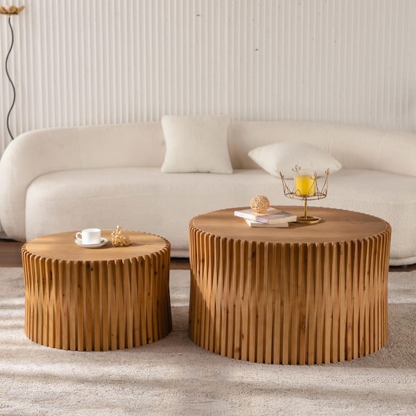Sudzendf 31.5 in. Natural Cylindrical Nesting Coffee Table Set with Vertical Textured Embossed Design (Set of 2)