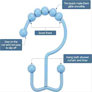 Deco Flat Double Roller Shower Curtain Hooks, Metal, Rust Proof Shower Curtain Rings/Hooks, in Blue