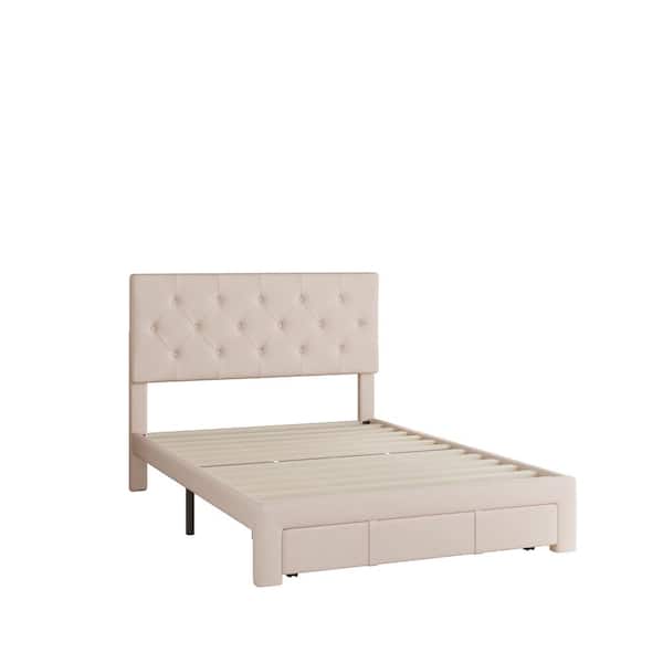 wetiny 54 in.W Beige Full Size Velvet Wood Frame With A Big Drawer Platform Bed