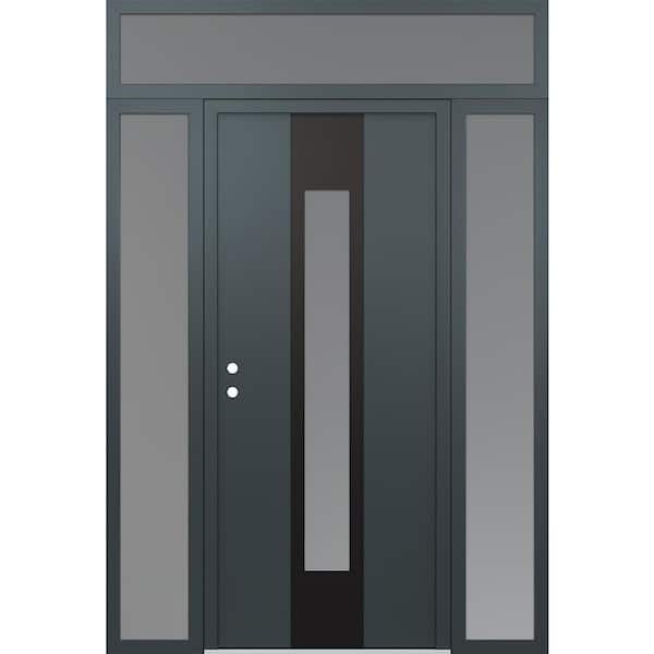 A1 68 in. x 96 in. Panel Black Right-Hand/Inswing Frosted Glass Anth/Anth 2 Sidelite+Transom Steel Prehung Front Door