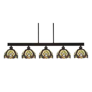 Albany 60-Watt 5-Light Espresso Linear Pendant Light with Ivory Cypress Art Glass Shades and No Bulbs Included