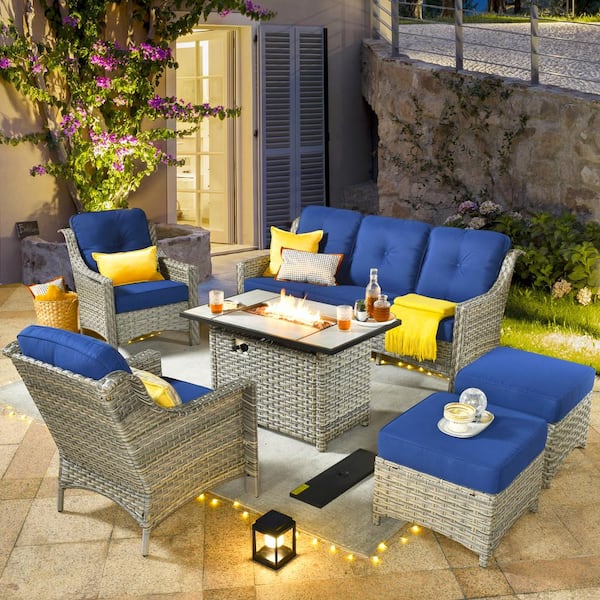 weaxty W Tulip C Gray 6-Piece Wicker Patio Rectangular Fire Pit Conversation Sofa Set with Navy Blue Cushions