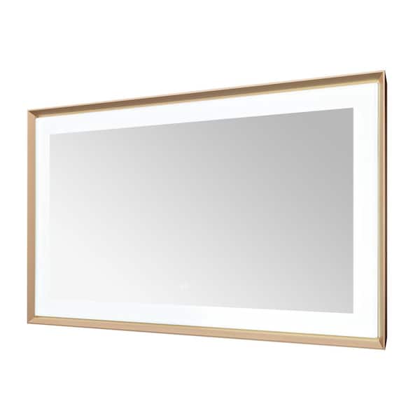 Madison 72 in. W x 36 in. H Rectangular Framed Wall Mount Bathroom Vanity Mirror in Brushed Gold LED Lighted Defogger