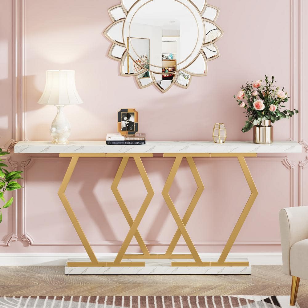 White Faux Marble and Gold Metal Console Table with Storage