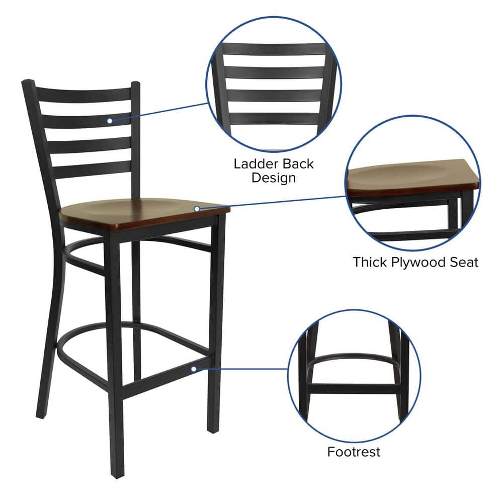 Elegant Black Metal Ladder Back Barstool with Mahogany Wood Seat