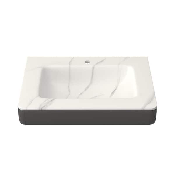 30 in. W x 22 in. D x 6 in. H Engineered Stone Limestone Plate Bathroom Wall-Mount Sink in White with Faucet Hole