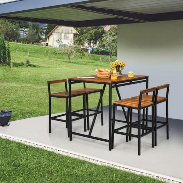 5-Piece Wicker Outdoor Dining Set Acacia Wood and PE Rattan Bar Set with Umbrella Hole