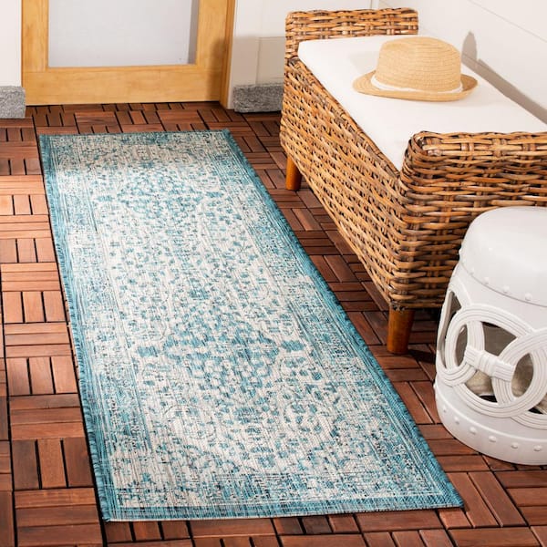 Courtyard Teal/Cream 2 ft. x 7 ft. Geometric Indoor/Outdoor Patio  Runner Rug