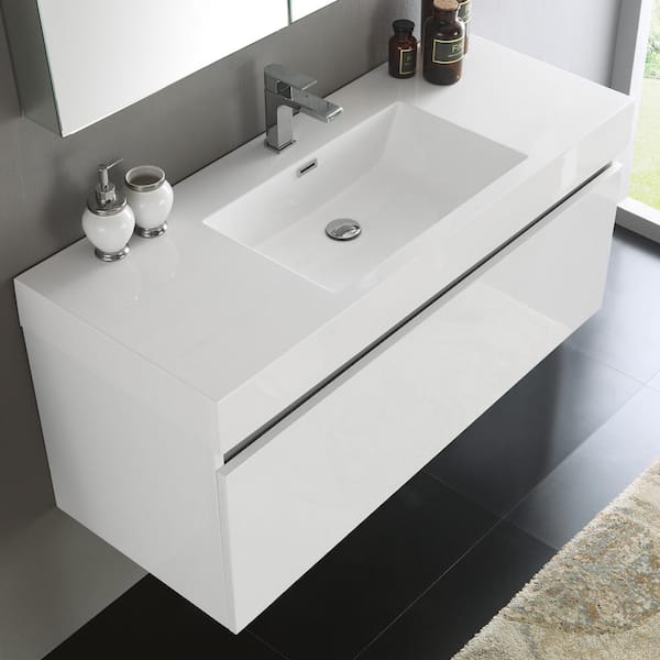 Mezzo 48 in. Vanity in White with Acrylic Vanity Top in White with White Basin and Mirrored Medicine Cabinet