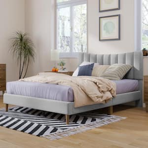 Gray Wood Frame Full Size Platform Bed with Vertical Tufted Headboard, Linen Upholstery Wood Platform Bed