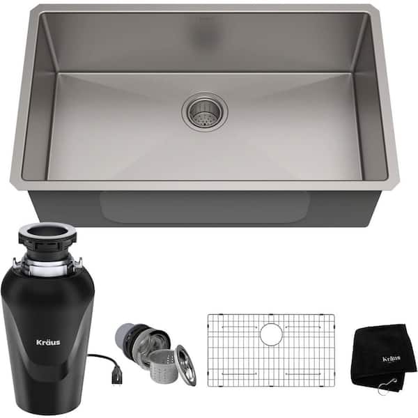 Aoibox 32 in. Undermount Single Bowl 16-Gauge Silver Stainless Steel Kitchen Sink with Garbage Disposal