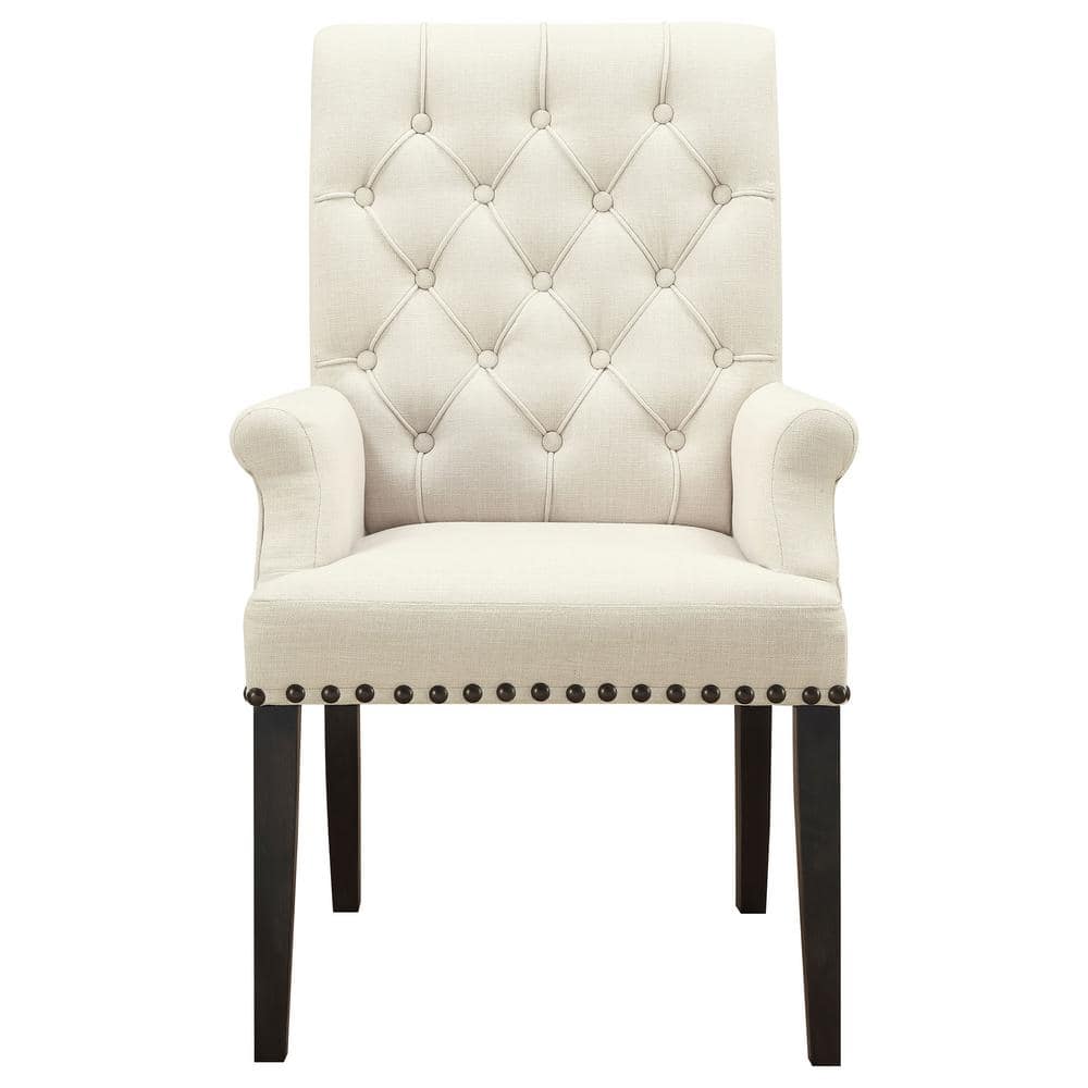 Elegant Beige Linen Upholstered High Arm Chair with Smokey Black Wood
