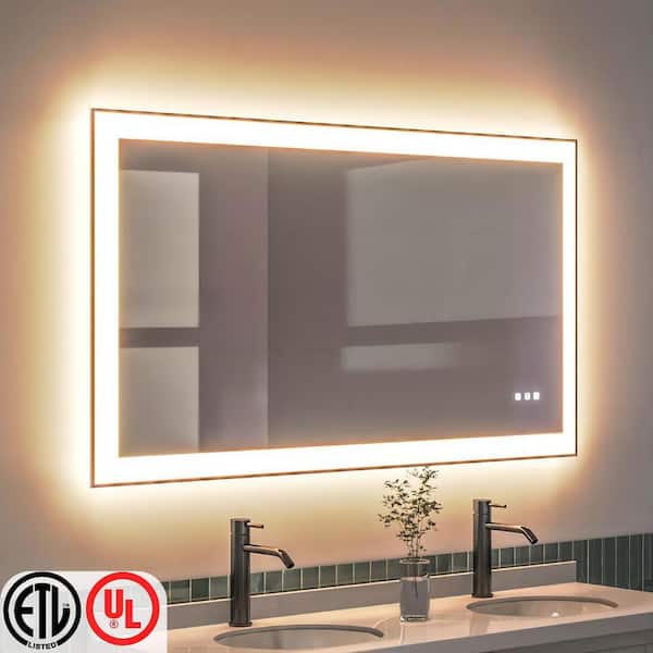 TOOLKISS 55 in. W x 30 in. H Rectangular Framed LED Anti-Fog Wall Bathroom Vanity Mirror in Black with Backlit and Front Light