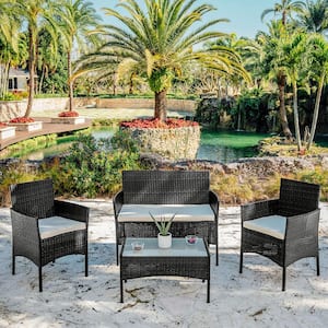 4-Piece Black Wicker Patio Conversation Set with Beige Cushions