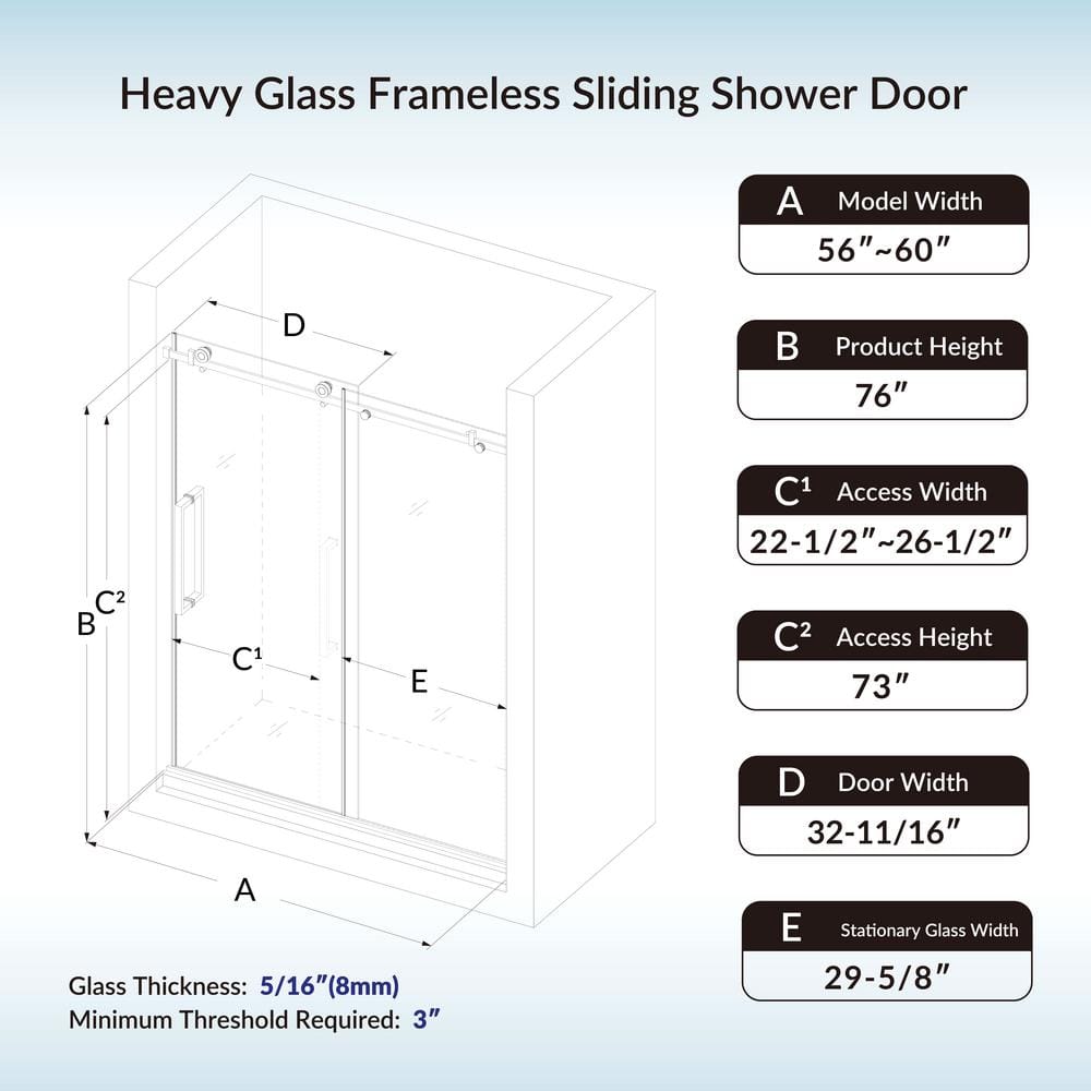Brushed Nickel Frameless Sliding Shower Door with Clear Tempered Glass