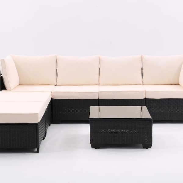 JimsMaison 7-Piece Wicker Patio Conversation Set with Beige Cushions