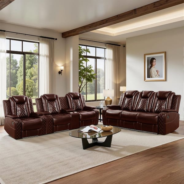 84 in. Pillow Top Arm 3-Piece Leather Rectangle Power Reclining Sofa Set in Brown, Modern Design w/Cup Holders, LED, USB