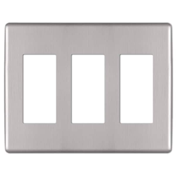AMERELLE Kentley Screwless 3-Gang Decorator/Rocker Steel Wall Plate - Brushed Nickel