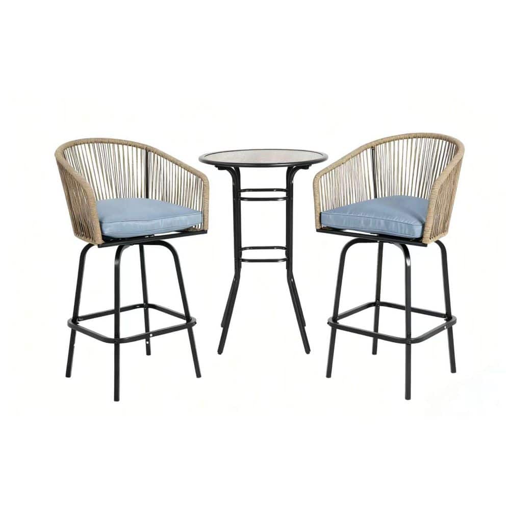 3-Piece Metal Outdoor Bistro Set with Blue Cushions-360° Swivel Chairs ...