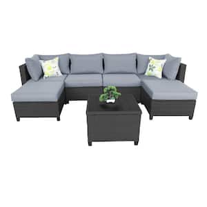 Black 7-Piece Wicker Patio Conversation Sectional Seating Set with Gray Cushions