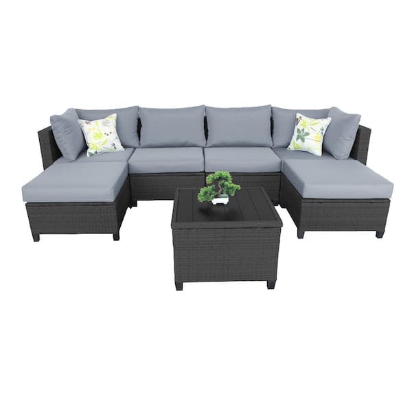 GOSHADOW Black 7-Piece Wicker Patio Conversation Sectional Seating Set with Gray Cushions