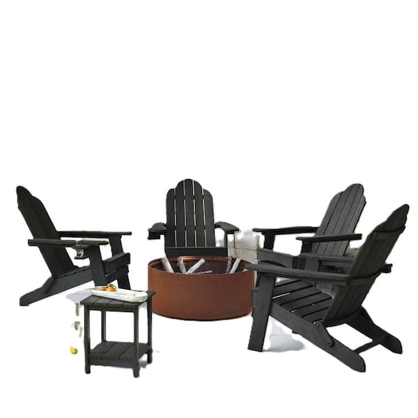 LUE BONA Black Folding Outdoor Plastic Adirondack Chair with Cup Holder Weather Resistant Patio Fire Pit Chair Set of 4