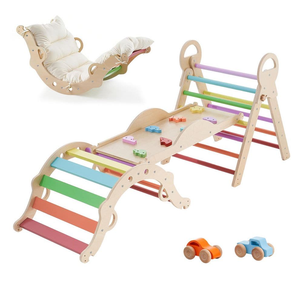 Pikler Triangle Set, 9-in-1 Toddler Climbing Toys Indoor, with 2 Wooden Cars, Cushion, Triangle, 150 lbs. Load, Rainbow price history on PriceWatchPro
