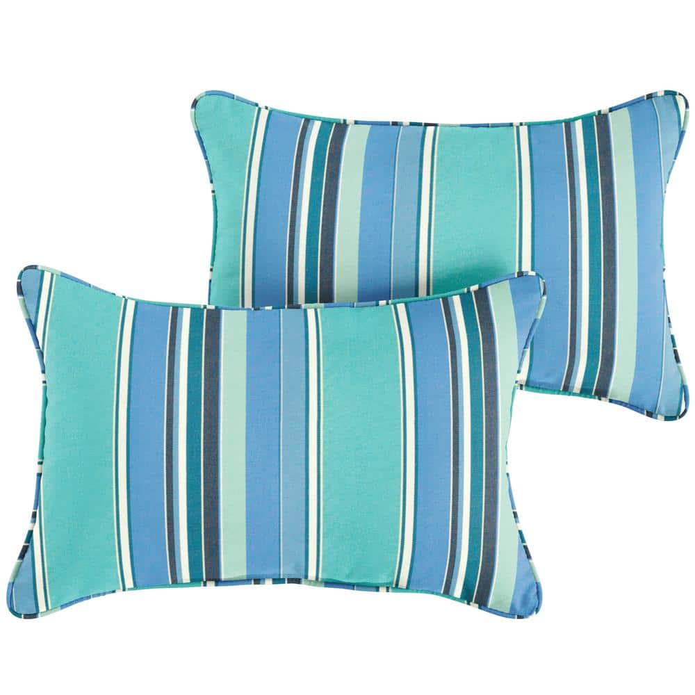 Sunbrella Blue Teal Stripe Rectangular Outdoor Corded Lumbar Pillows (2-Pac