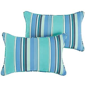 Sunbrella Blue Teal Stripe Rectangular Outdoor Corded Lumbar Pillows (2-Pack)