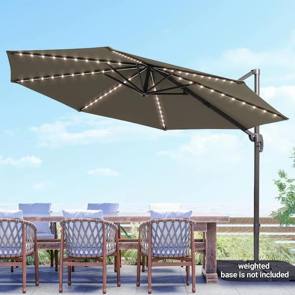 Sonkuki 10 ft. Round Solar LED 360-Degree Rotation Cantilever Offset Outdoor Patio Umbrella in Taupe